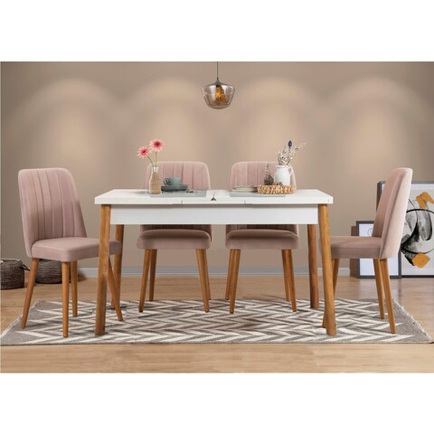 Set masa extensibila si 4 scaune, Vella, Santiago White Stone, PAL, Pin Atlantic / Alb / Piatră