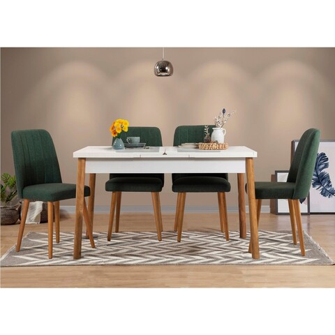 Set masa extensibila si 4 scaune, Vella, Santiago White Green, PAL, Pin Atlantic / Alb / Verde