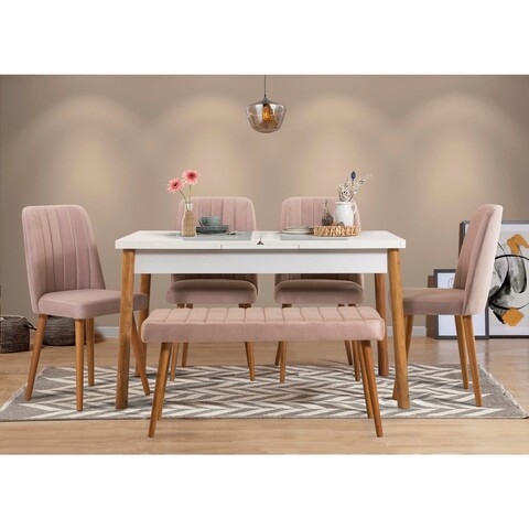 Set masa extensibila si 6 scaune, Vella, Santiago Atlantic-White Stone, PAL, Pin Atlantic / Alb / Piatră