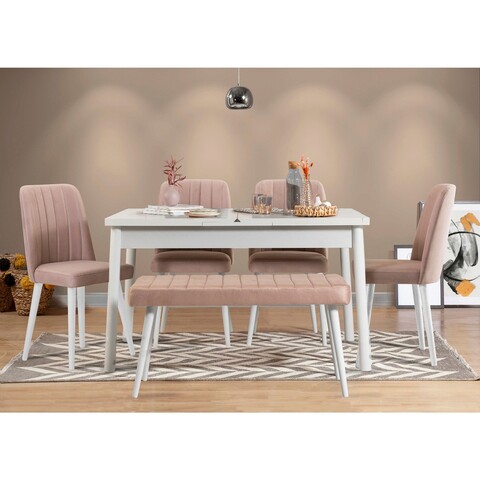 Set masa extensibila si 6 scaune, Vella, Santiago White Stone, PAL, Alb / Piatra
