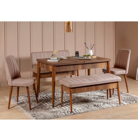 Set masa extensibila si 4 scaune, Vella, Vina Walnut Stone, PAL, Nuc / Piatra