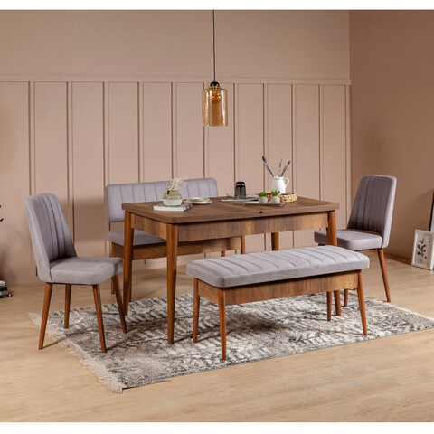 Set masa extensibila si 4 scaune, Vella, Vina Walnut Soho Grey, PAL, Nuc / Soho