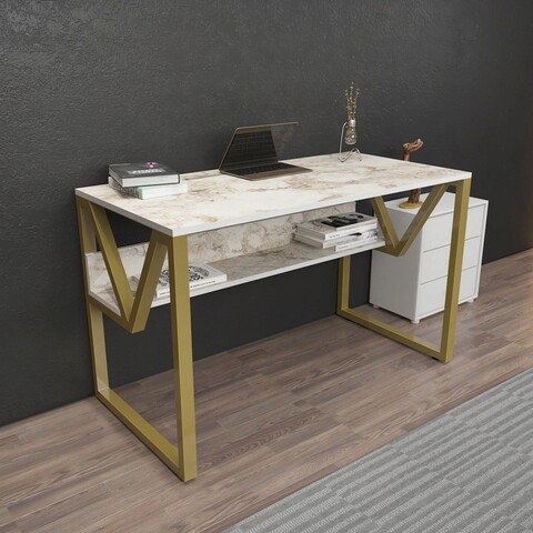 Birou, Zena Home, Lona, 120x72 cm, PAL, Alb/Auriu