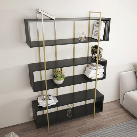 Corp biblioteca, Zena Home, Bruti, 120x180x29.6 cm, PAL, Antracit / Aur