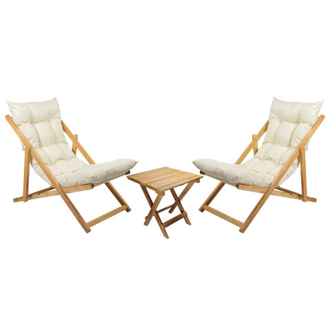 Set 2 sezlonguri cu masuta, My Interior, Sunny, 90 x 59 x 80 cm, lemn de carpen, crem