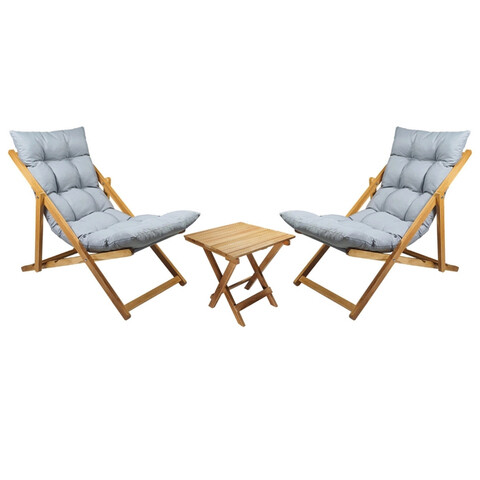 Set 2 sezlonguri cu masuta, My Interior, Sunny, 90 x 59 x 80 cm, lemn de carpen, gri