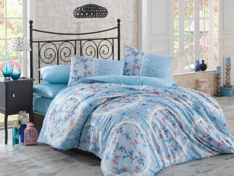 Lenjerie de pat dubla, 4 piese, 100% bumbac ranforce, Hobby, Asia, turcoaz