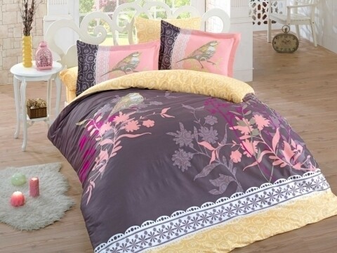 Lenjerie de pat dubla, 6 piese, 240x260 cm, 100% bumbac satinat, Hobby, Emilia Brown, multicolora