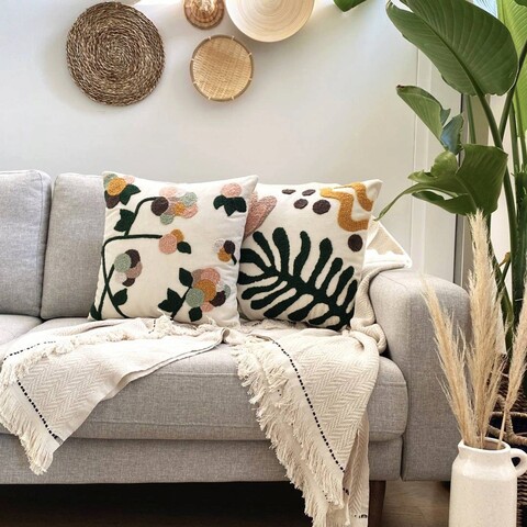 Set perne decorative	, Flores Punch Pillow Set With İnsert, Material: 20% in, 80% poliester, Muștar / Gri închis / Pudră / Roz / Verde / Verde de mare