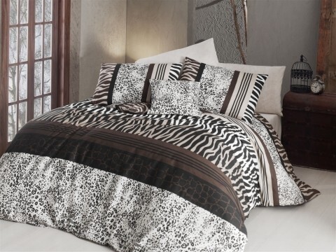 Lenjerie de pat pentru o persoana, 3 piese, amestec bumbac, Nazenin Home, Cheta  Brown, alb/maro