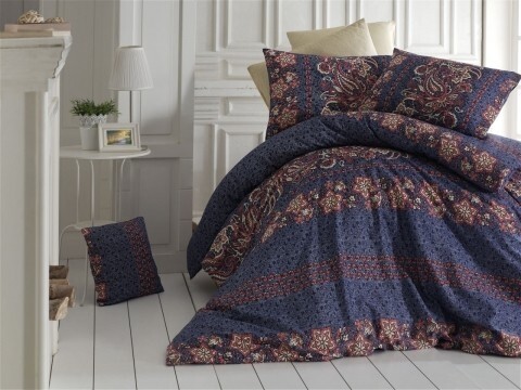 Lenjerie de pat dubla, 4 piese, amestec bumbac, Nazenin Home, Herra Brown- Dark Blue, multicolora