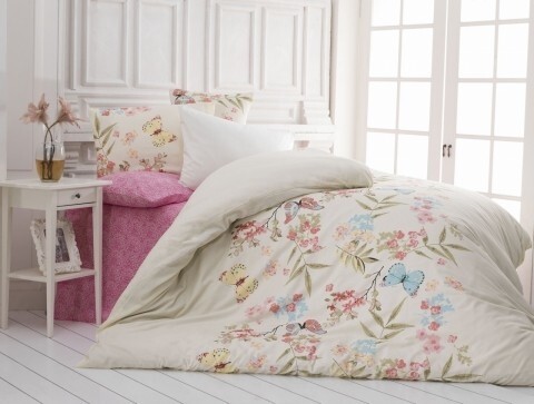 Lenjerie de pat dubla, 4 piese, amestec bumbac, Nazenin Home, Inga Pink, roz/bej