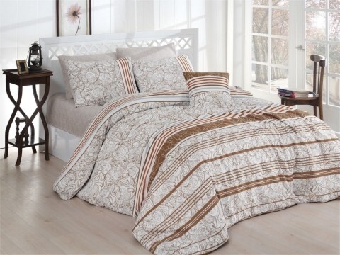 Lenjerie de pat dubla, 4 piese, amestec bumbac, Nazenin Home, Minimal Brown, bej/maro