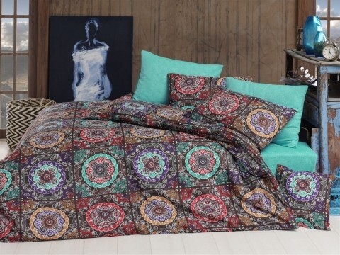 Lenjerie de pat pentru o persoana, 3 piese, 100% bumbac ranforce, Nazenin Home, Ashley Turquoise, multicolora