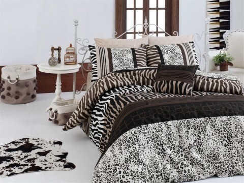 Lenjerie de pat pentru o persoana, 3 piese, 100% bumbac ranforce, Nazenin Home, Cheta Brown, alb/maro