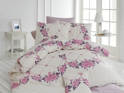 Lenjerie de pat pentru o persoana, 3 piese, 100% bumbac ranforce, Nazenin Home, Juilet Lilac, alb/roz
