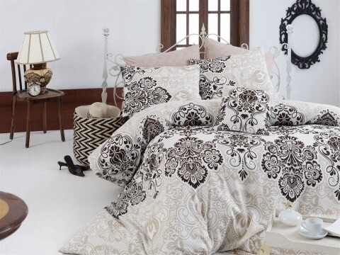 Lenjerie de pat pentru o persoana, 3 piese, 100% bumbac ranforce, Nazenin Home, Luxury Brown, bej/maro