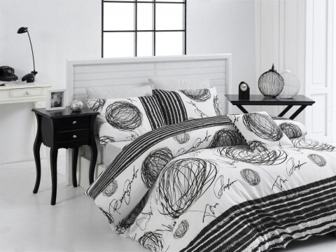 Lenjerie de pat dubla, 4 piese, 100% bumbac ranforce, Nazenin Home, Blacky, alb/negru