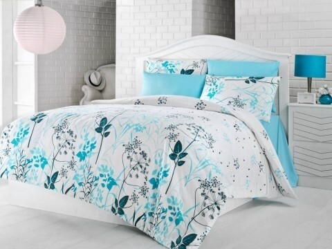 Lenjerie de pat dubla, 4 piese, 100% bumbac ranforce, Nazenin Home, Blue Garden, alb/albastru