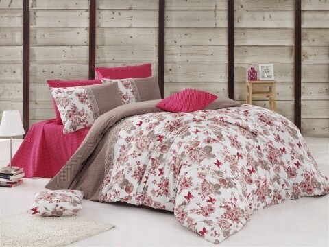 Lenjerie de pat dubla, 4 piese, 100% bumbac ranforce, Nazenin Home, Butterfly Fuchsia, multicolora