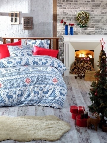 Lenjerie de pat dubla, 4 piese, 100% bumbac ranforce, Nazenin Home, Forest Blue, alb/albastru/rosu