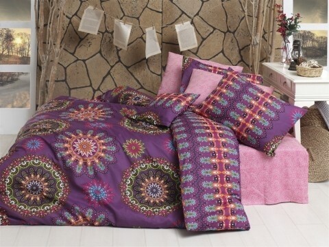 Lenjerie de pat dubla, 4 piese, 100% bumbac ranforce, Nazenin Home, Hula Pink, roz/mov