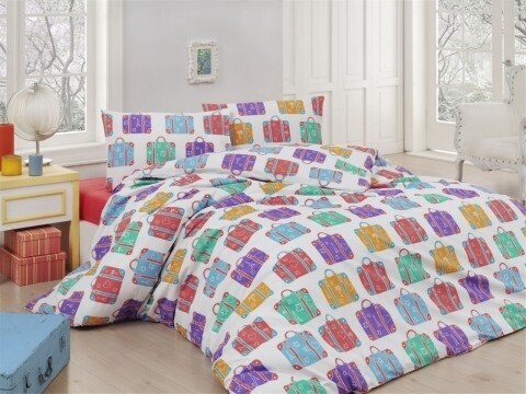 Lenjerie de pat dubla, 4 piese, 100% bumbac ranforce, Nazenin Home, Suitcase Color, multicolora