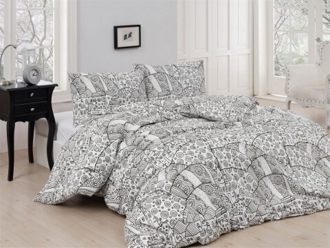 Lenjerie de pat dubla, 4 piese, 100% bumbac ranforce, Nazenin Home, Drawing B&W, alb/negru