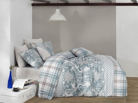 Lenjerie de pat dubla, 4 piese, 100% bumbac ranforce, Nazenin Home, Oriental Mint, alb/verde