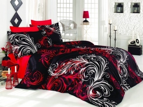 Lenjerie de pat pentru o persoana, 4 piese, 100% bumbac ranforce, Nazenin Home, Atlantis Red, negru/rosu