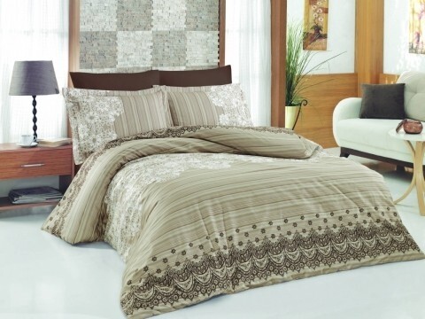 Lenjerie de pat dubla, 6 piese, 240x260 cm, 100% bumbac satinat, Nazenin Home, Dante, bej