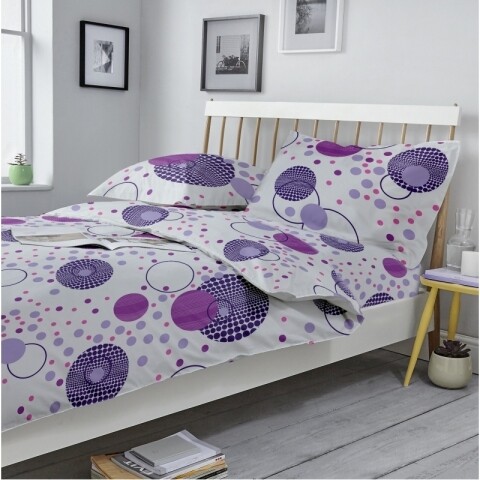 Lenjerie de pat dubla King Size, Kinetics V1, 4 piese, 220 x 250 cm, 100% bumbac flanel, alb/mov