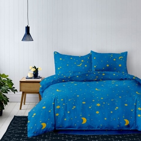 Lenjerie de pat dubla King Size Galaxy, 4 piese, 220 x 250 cm, 100% bumbac, albastru/galben