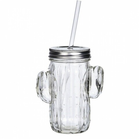 Halba tip borcan cu pai si capac White Cactus, 400 ml, sticla, transparent