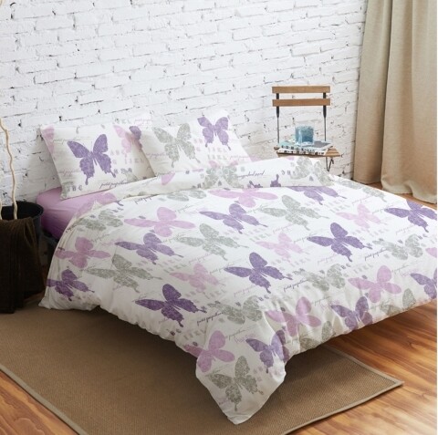 Lenjerie de pat dubla Butterfly, Vanora, 4 piese, 220 x 240 cm, 100% microfibra, alb/roz/mov