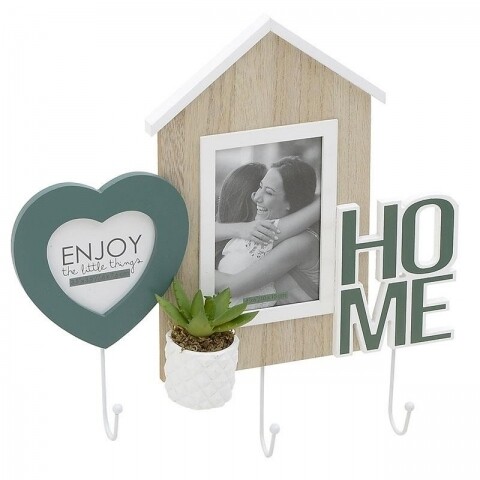 Cuier cu rama foto Home, InArt, 37 cm, 2 fotografii, MDF, gri/natur/alb