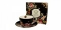 Ceasca cu farfurie Jumbo Vintage Flowers, Duo, 450 ml, portelan, negru