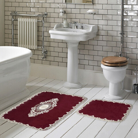 Set covorase de baie 2 piese, Alanur Home, Selonya D, Poliester, Rosu claret