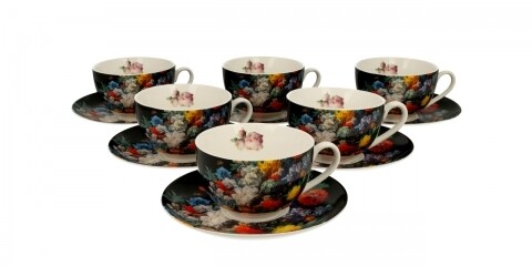 Set 6 cesti cu farfurie Bouquet, Duo, 250 ml, portelan, negru