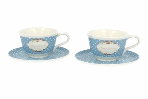 Set 2 cesti cu farfurie Retro Blue, Duo, 200 ml, portelan, albastru