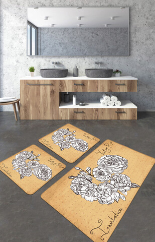 Set covorase de baie, L'essentiel Maison, Vintage Roses, Poliester, Galben / Negru / Alb