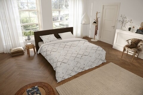 Lenjerie de pat pentru doua persoane Descanso Silvi, 100% bumbac satinat, 3 piese, alb nisipiu