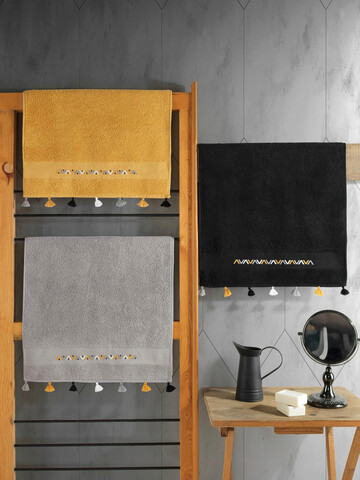 Set prosoape de baie 3 piese, Cotton Box, Asorti, Bumbac, Negru / Muștar / Gri