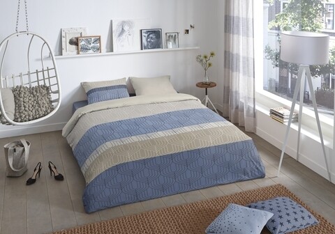 Lenjerie de pat pentru doua persoane, Good Morning Valence, 100% bumbac, 3 piese, gri/albastru