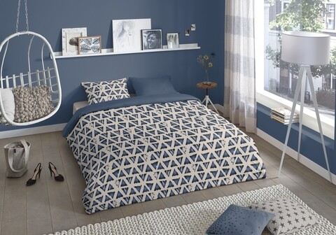 Lenjerie de pat pentru doua persoane, Good Morning Lounge, 100% bumbac, 3 piese, bleumarin/bej