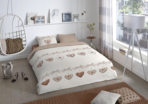Lenjerie de pat pentru doua persoane, Good Morning Hearts, 100% bumbac, 3 piese, bej/maro