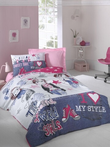 Lenjerie de pat pentru o persoana, Cotton Box, Fashiongirls, 100% bumbac ranforce, 3 piese, multicolora