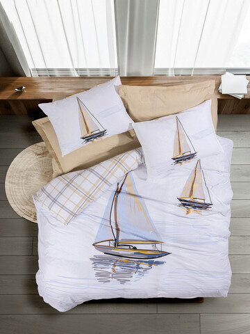 Lenjerie de pat pentru o persoana, L'essentiel Maison, Wind, Bumbac Ranforce, Bej/Alb