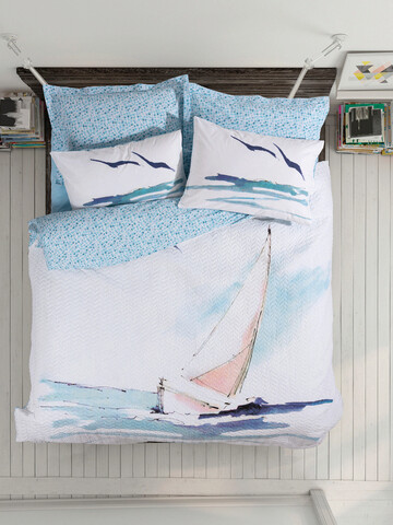 Set cuvertura matlasata Single, L'essentiel Maison, Sail, Bumbac Ranforce, Albastru / Alb / Albastru închis