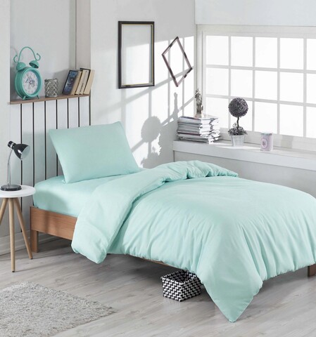 Lenjerie de pat pentru o persoana, Düzboya - Dark Mint, EnLora Home, 65% bumbac/35% poliester